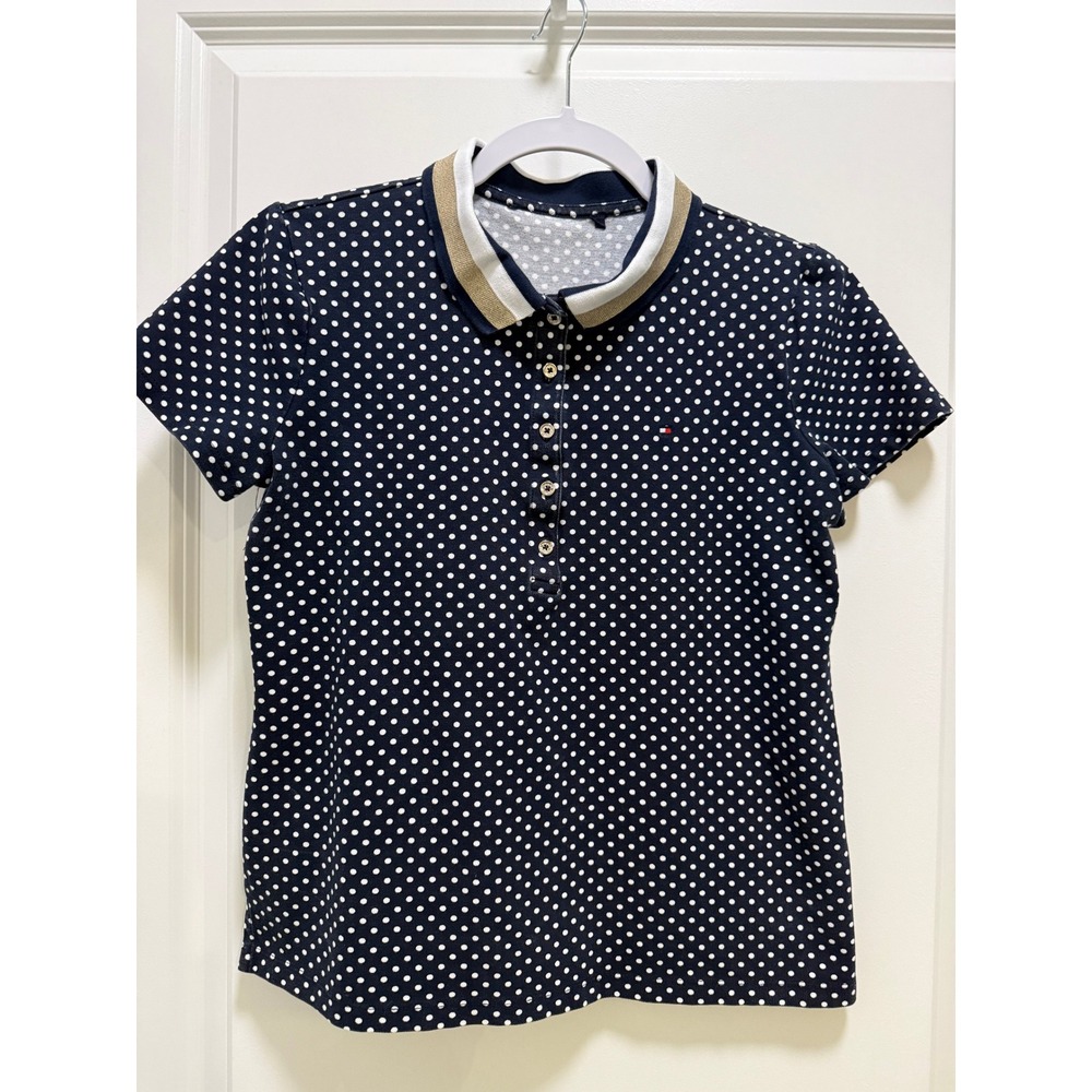 Tommy Hilfiger Navy Blue Polka Dot Polo Shirt Gold Trim Metallic Collar S